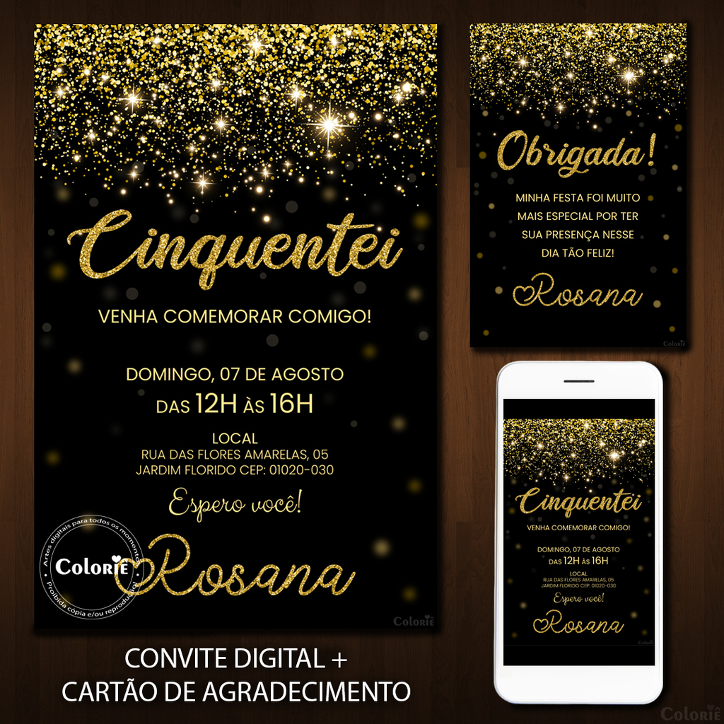Convite Preto e Dourado para Festa de 50 Anos