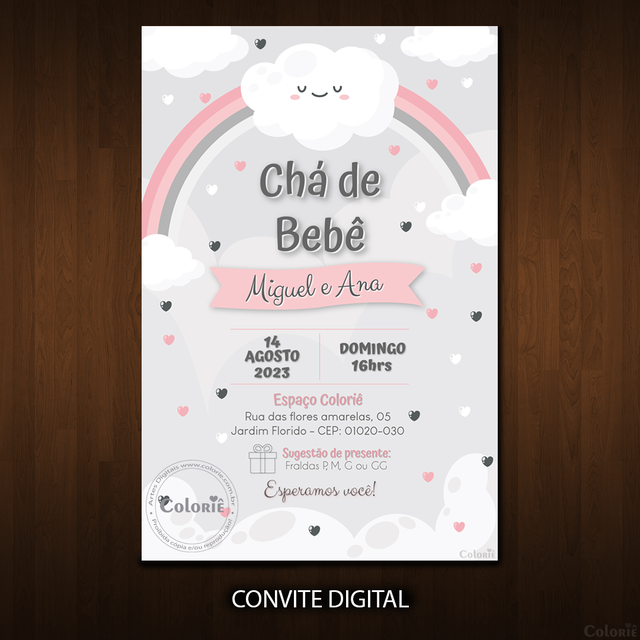 Convite Digital Rosa E Cinza Com Arco Íris Para Chá De Bebê 5671