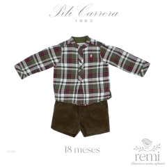 Conjunto 3 piezas suéter reno, camisa de cuadros verde olivo con rojo y short de pana café 18 meses Pili Carrera - comprar en línea