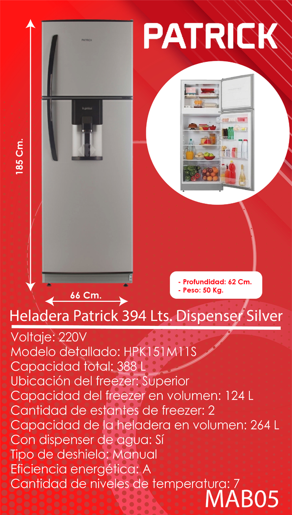 Heladera Patrick cycle defrost 394 L Silver
