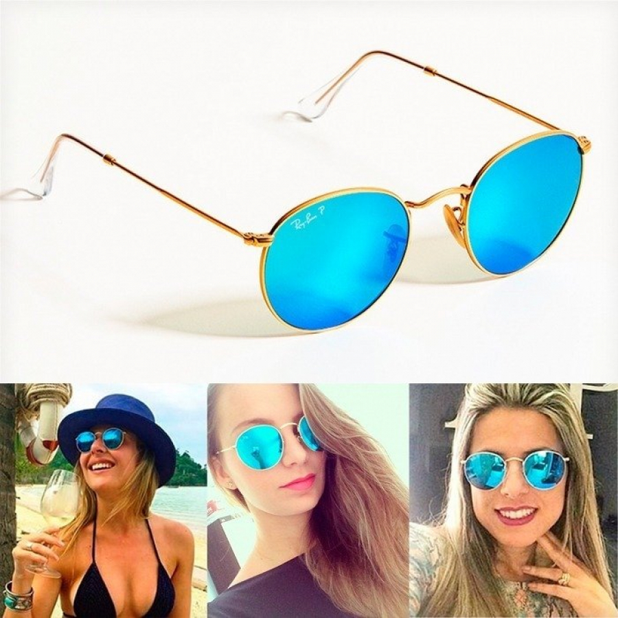 Original under Realm Óculos de Sol Ray Ban Round Dourado Lente Azul Espelhado Original under Realm Óculos de Sol Ray Ban Round Dourado Lente Azul Espelhado
