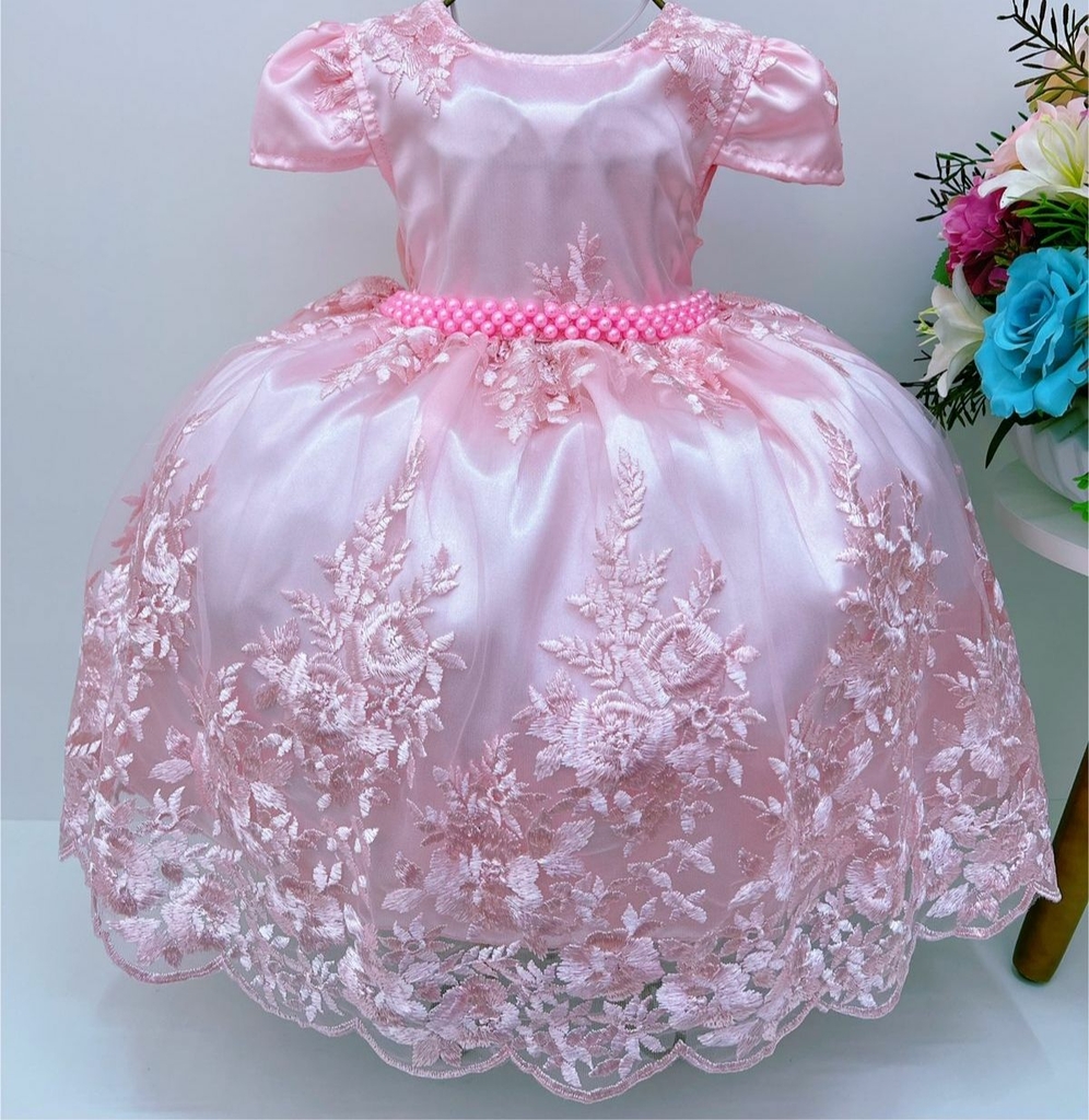 Vestido Infantil de Festa Rosa Bebê Luxo Realeza Vestido Infantil de Festa Rosa Bebê Luxo Realeza