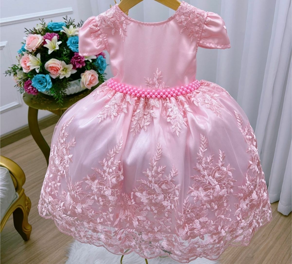 Vestido Infantil de Festa Rosa Bebê Luxo Realeza Vestido Infantil de Festa Rosa Bebê Luxo Realeza
