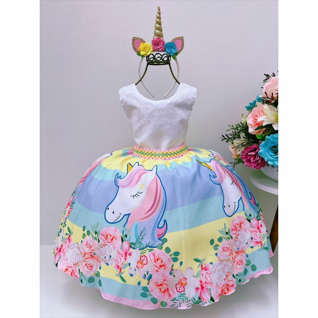 Vestido de festa Tema Unicórnio Infantil para Aniversário Luxo Princesa  cinto de pérolas