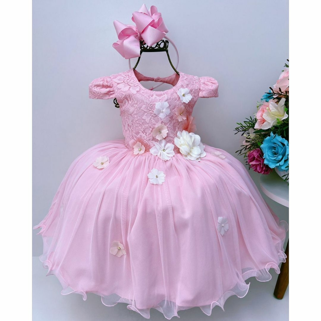 Vestido de Festa Rosa com Aplique de Flores Brancas e Renda na Saia Luxo de  Princesa