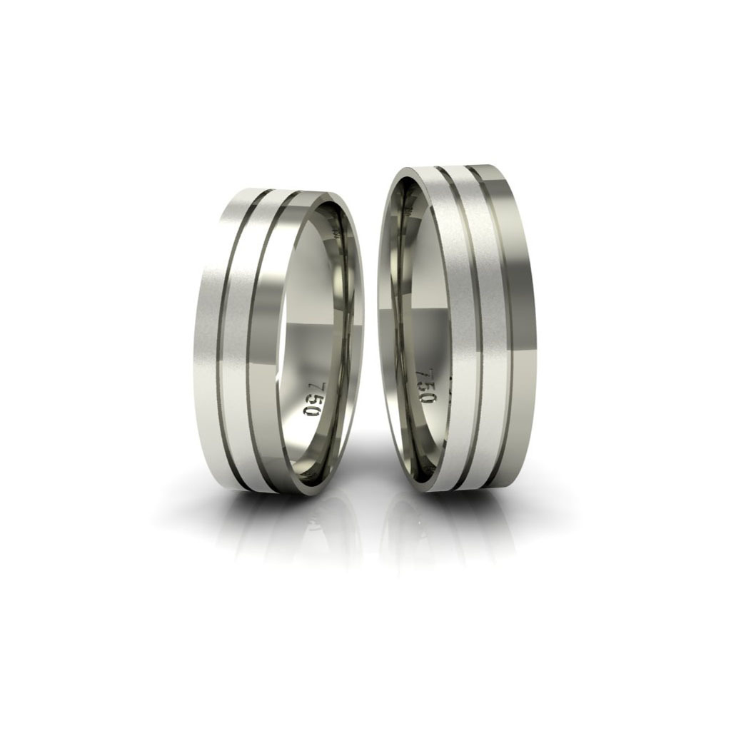 Alianças de Casamento em Ouro Branco 18k Dois Frisos Foscos Reta Anatômica 5mm