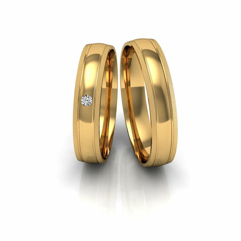 Alianças de Casamento Um Diamante em Ouro 18k Meia Cana Fosca e Polida 4mm