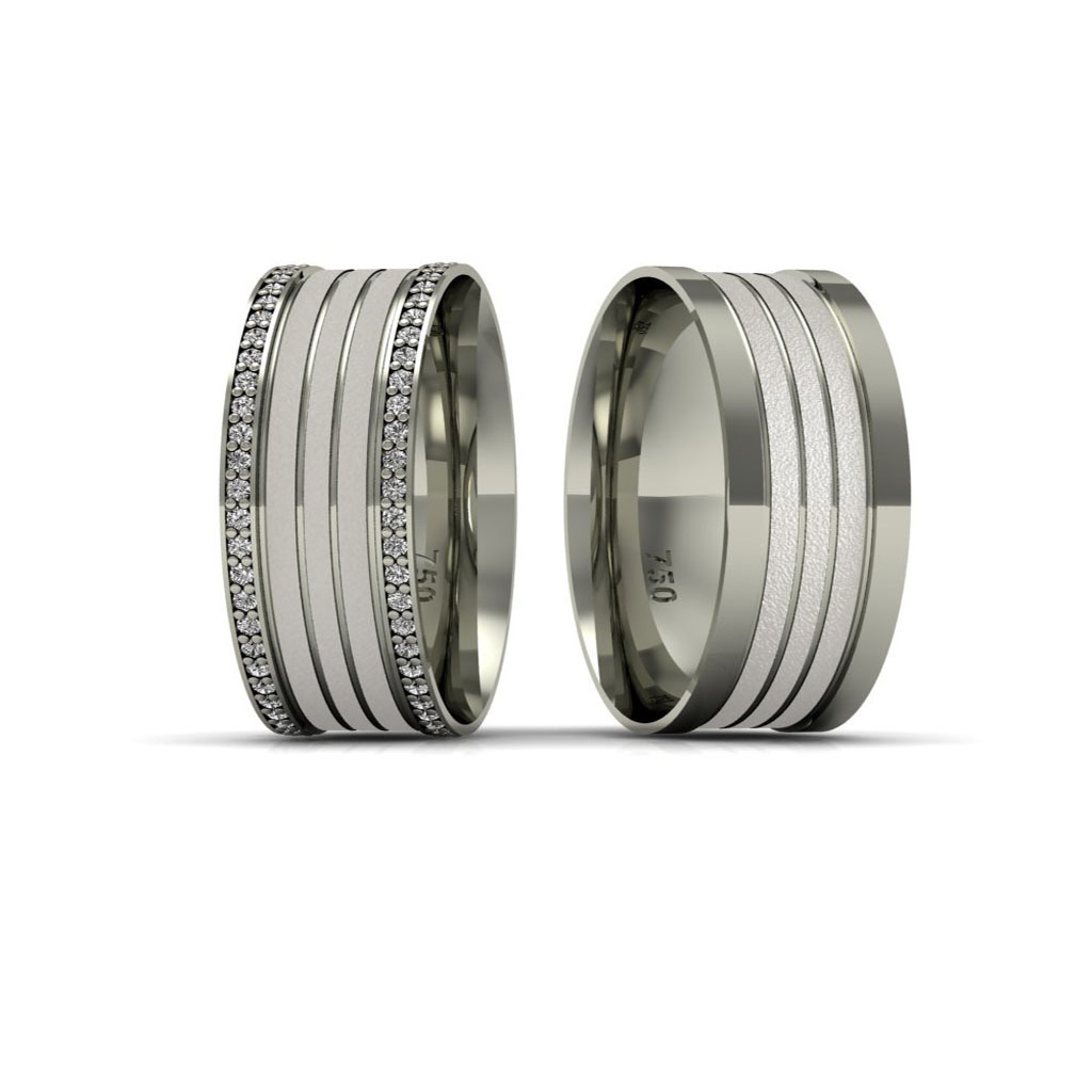 Alianças de Casamento em Ouro Branco 18k Reta 8mm Três Frisos e Diamantes
