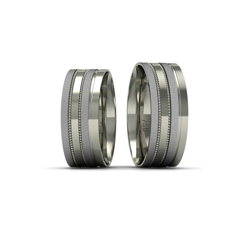 Alianças de Casamento em Ouro Branco 18k Reta 7mm Fosca e Frisos Trabalhados