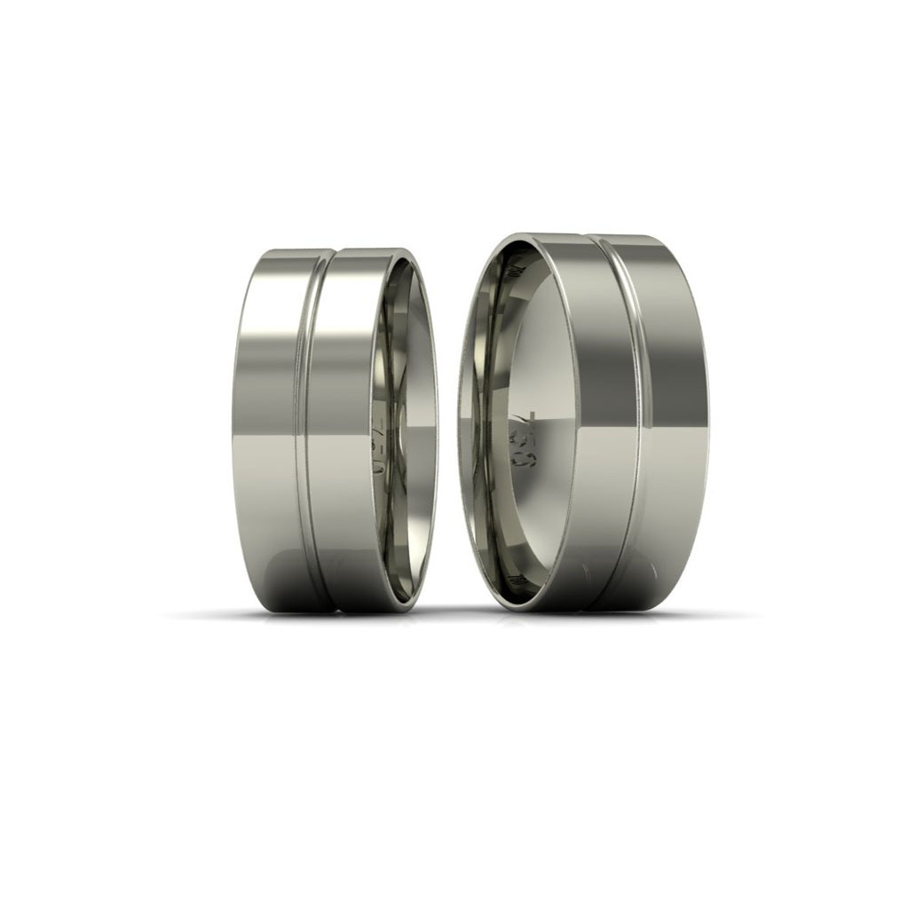 Alianças de Casamento em Ouro Branco 18k Reta Anatômica 7mm Friso Central Polidas
