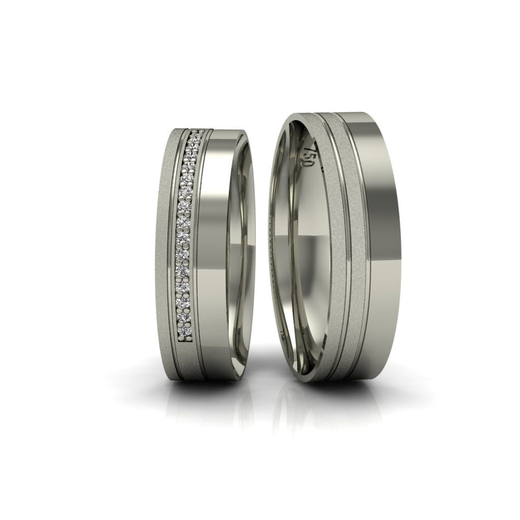 Alianças de Casamento em Ouro Branco 18k Reta Friso e Diamantes Semi Anatômica 5mm