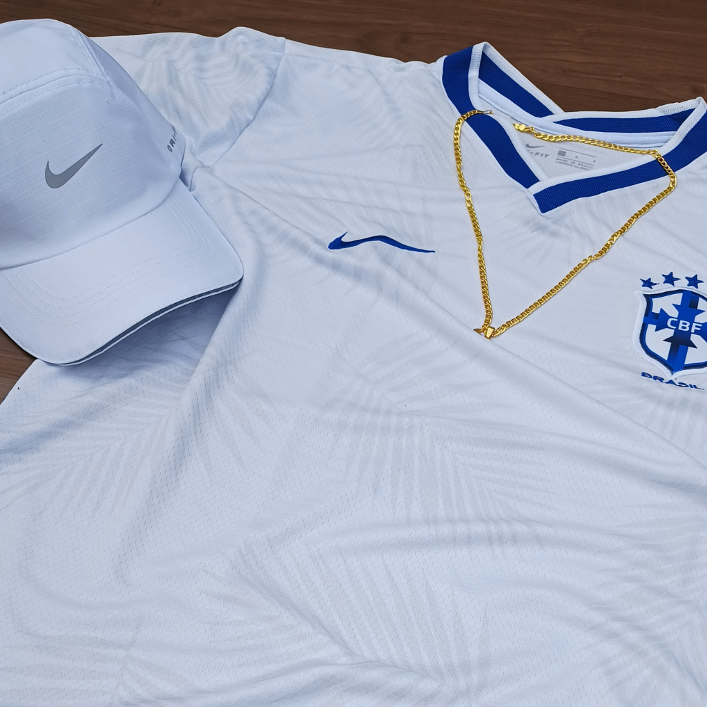 Kit Nova Camisa Da Seleção Brasileira Branca Folhas de Palmeira + Boné nike  Branco Cordão Brinde!!