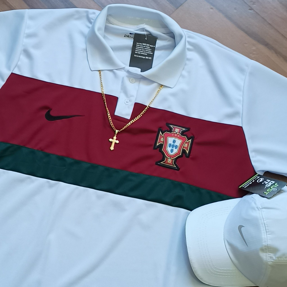 Kit Nova Camisa Gola Polo Portugal Branca 2022 Com Boné Nike Branco Cordão  e Pingente Brinde !