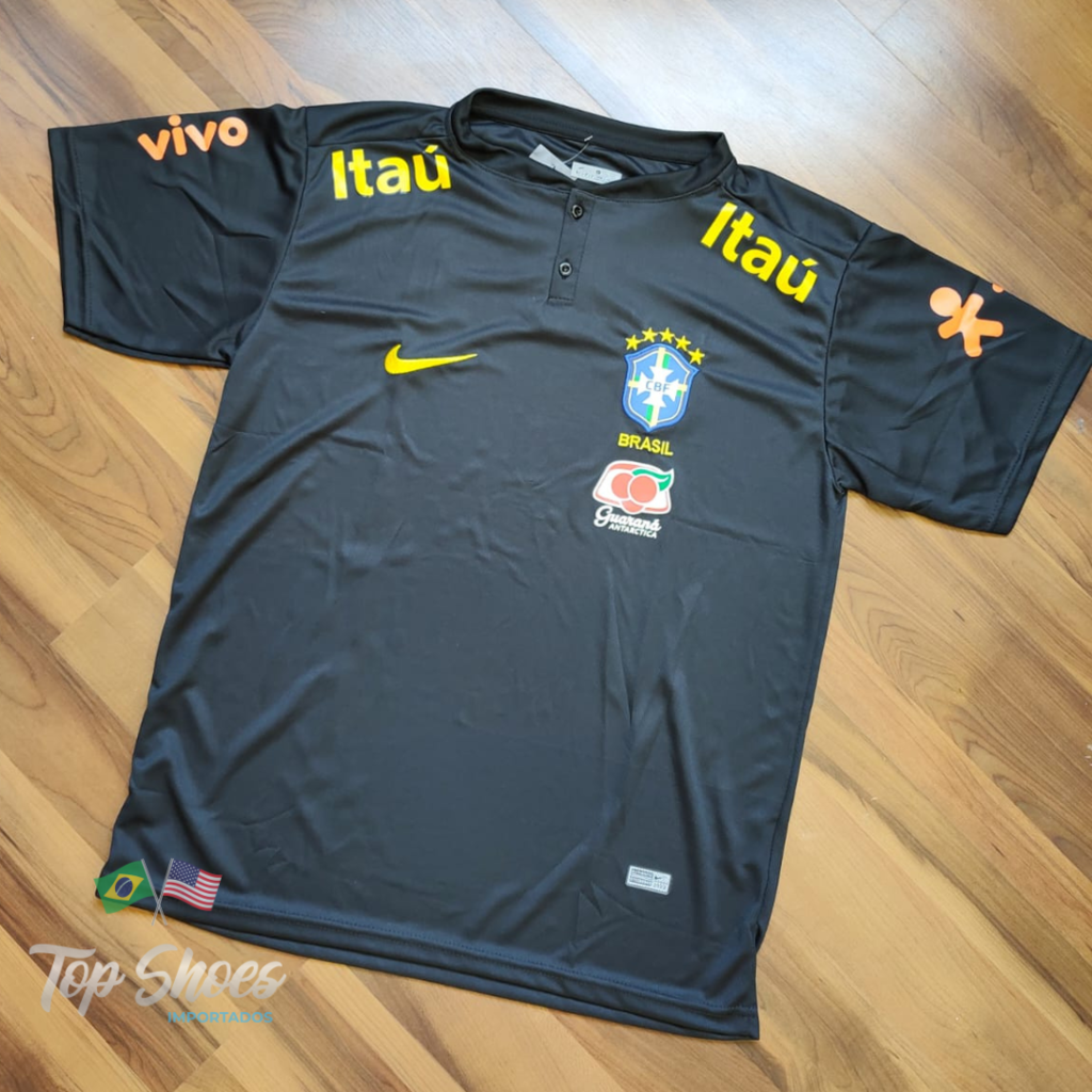 Camisa Da Seleção Brasileira Gola Careca c/ Botão Preta