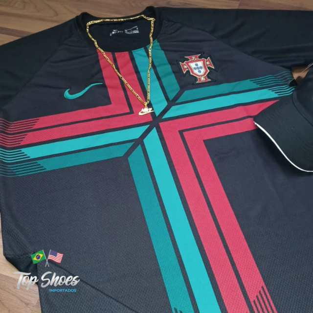 Kit Nova Camisa Seleção Portugal Preta Cruz C/Boné Nike Preto Cordão &  Pingente Brinde!