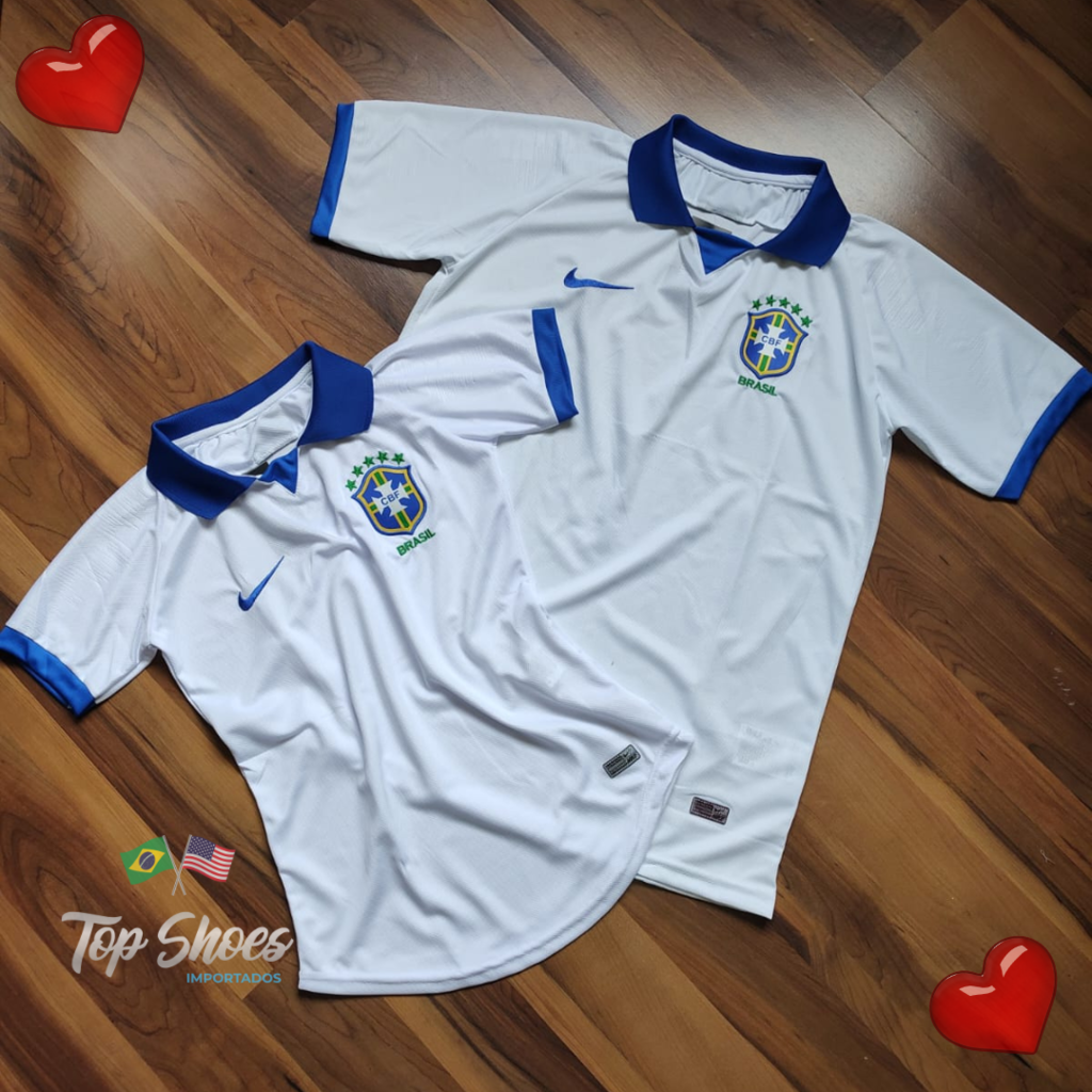 Kit Casal Camisa Seleção Brasileira Branca c/ Gola Azul