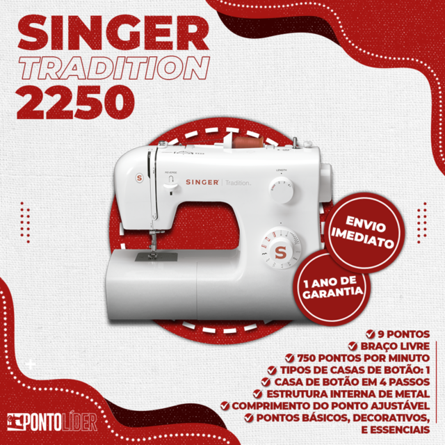 Máquina De Costura Reta e Zig Zag Singer Tradition 2250 110v Com 9 Pontos  Decorativos + Ferro de Passar Singer Steamchoice 2.0