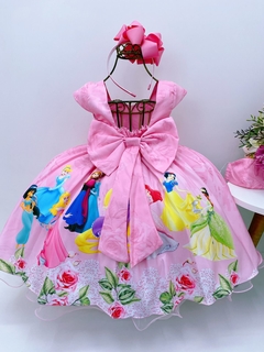 Vestido Infantil Rosa C/ Renda Strass e Pérolas Princesas