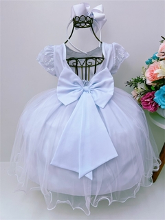 Vestido Infantil Branco Rendado com Aplique de Flores na internet