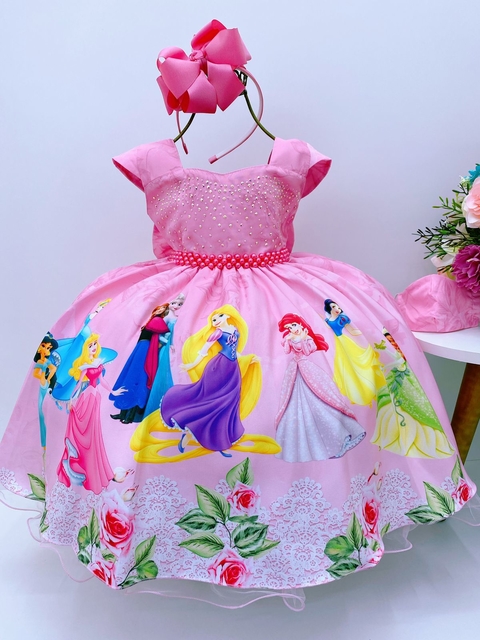 Vestido Infantil Rosa C/ Renda Strass e Pérolas Princesas