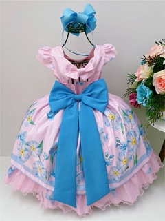 Vestido Infantil de Festa Rosa Bebê Florido Azul Cinto Pérolas Luxo na internet