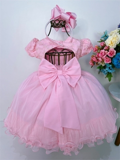 Vestido Infantil Rosa C/ Renda Strass e Pérolas Princesas