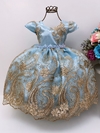Vestido Infantil Festa Luxo Azul Bebê Renda Dourada Pérolas Realeza