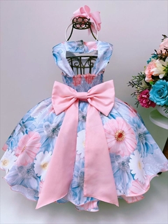 Vestido Infantil de Festa Azul Floral Luxo na internet