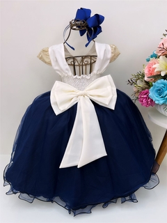 Vestido Infantil de Festa Azul Escuro e Marfim Renda Cinto Pérolas na internet