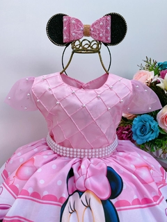 Vestido Infantil Festa Minnie Baby Rosa Nervuras no Busto Luxo Festas