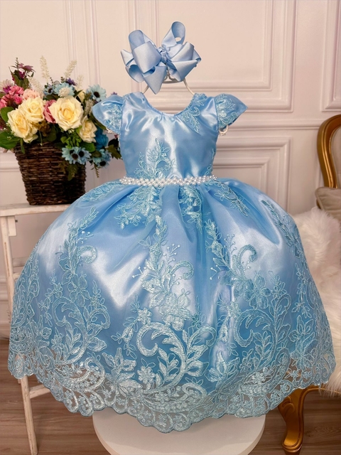 VESTIDO INFANTIL PRINCESA CINDERELA AZUL C/ RENDA LUXO FESTA