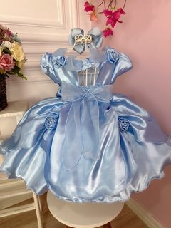 Vestido Infantil Princesa Cinderela / Frozen com Aplique de Flores