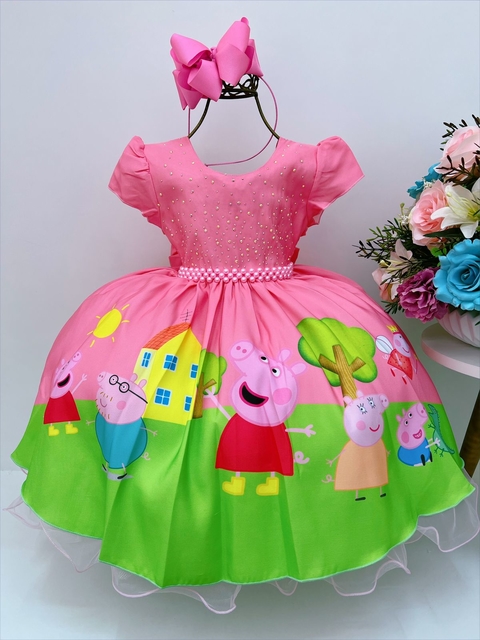 Vestido Infantil Festa Peppa Pig Rosa Chiclete Strass Luxo