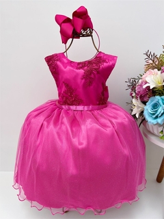 Vestido Infantil Festa Luxo Rosa Chiclete Renda Cinto Strass Brilho