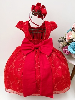 Vestido Infantil Festa Vermelho Renda de Flores e Cinto de Pérolas