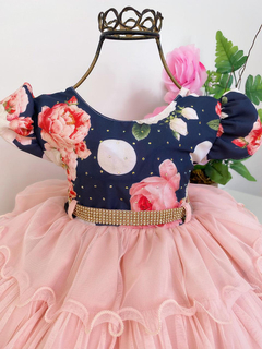 Vestido Infantil Bebê Floral Azul Marinho e Pêssego - comprar online