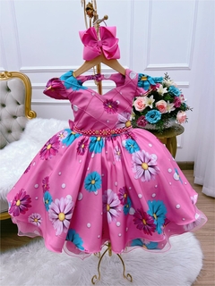 Vestido Infantil Rosa com Margaridas Luxo - Gilerá Fashion