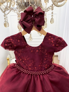 Vestido Infantil de Festa Marsala Renda e Voal Luxo Cinto de Pérolas