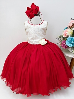 Vestido Infantil Marfim Saia Vermelha Aplique Flores