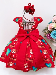 Vestido Infantil Festa Vermelho Ursinho e Corações Festas Luxo na internet