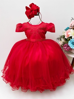 Vestido Infantil Longo Vermelho Strass Luxo Manga Princesa