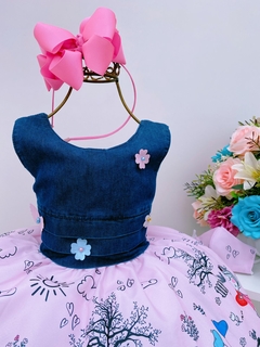 Vestido Infantil Festa Jeans Saia Rosa Bicicleta Flores Coração - comprar online