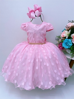Vestido Infantil Festa Luxo Rosa Bolinhas Cinto Strass Pérolas
