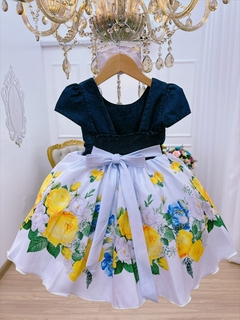 Vestido Infantil Festa Busto Jeans Saia Branca Floral Amarelo - loja online