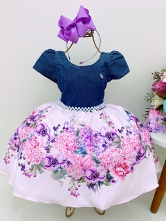 Vestido Infantil Festa Busto Jeans Saia Flores Rosas Florida