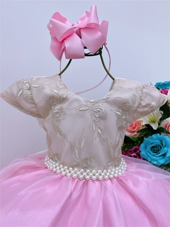 Vestido Infantil Rosa e Bege Renda e Cinto Pérolas - comprar online