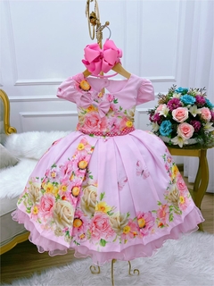 Vestido Infantil Rosa e Busto Florido Luxo - Gilerá Fashion
