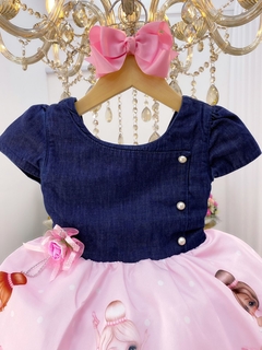 Vestido Infantil Festa Jeans Saia Rosa Floral Bailarina Luxo - comprar online