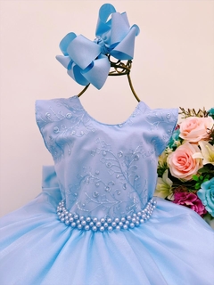 Vestido Infantil Festa Azul Batizado Renda Voal Cinto Pérolas - comprar online