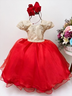 Vestido Infantil de Festa Vermelho e Marfim Renda Cinto Pérolas